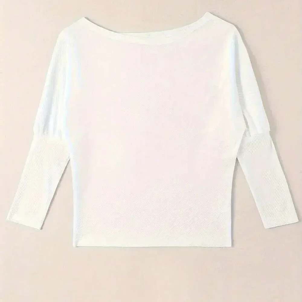 White Casual Women's Solid Color Asymmetrical Collar Batwing Long Sleeve T-Shirt - Picture 2 of 5